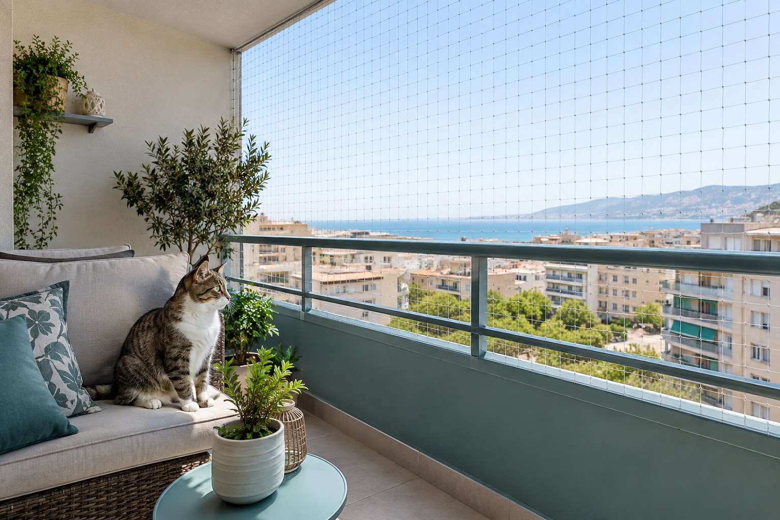 Γάτα σε ασφαλές μπαλκόνι ενοικιαζόμενου σπιτιού με διακριτικό προστατευτικό δίχτυ