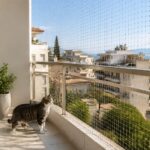 Γάτα σε ασφαλές μπαλκόνι με δίχτυ προστασίας για τακτικό έλεγχο και συντήρηση