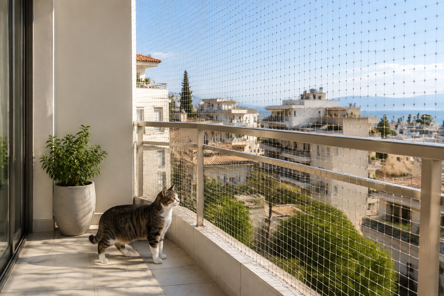 Γάτα σε ασφαλές μπαλκόνι με δίχτυ προστασίας για τακτικό έλεγχο και συντήρηση