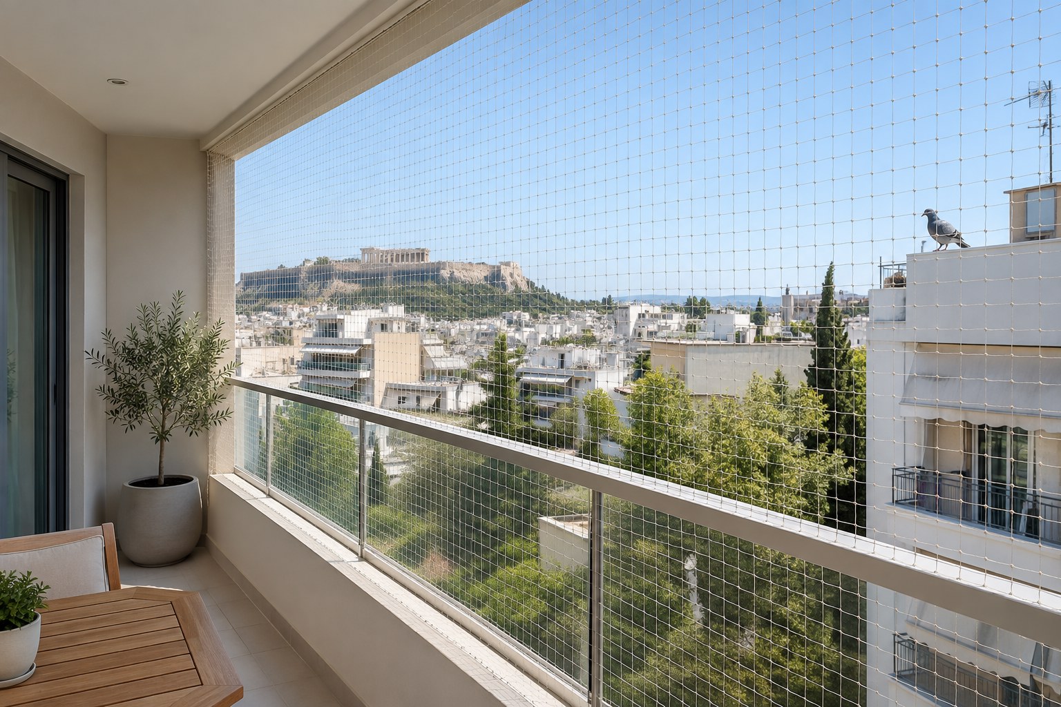 Διακριτικό δίχτυ απώθησης περιστεριών σε σύγχρονο αστικό μπαλκόνι