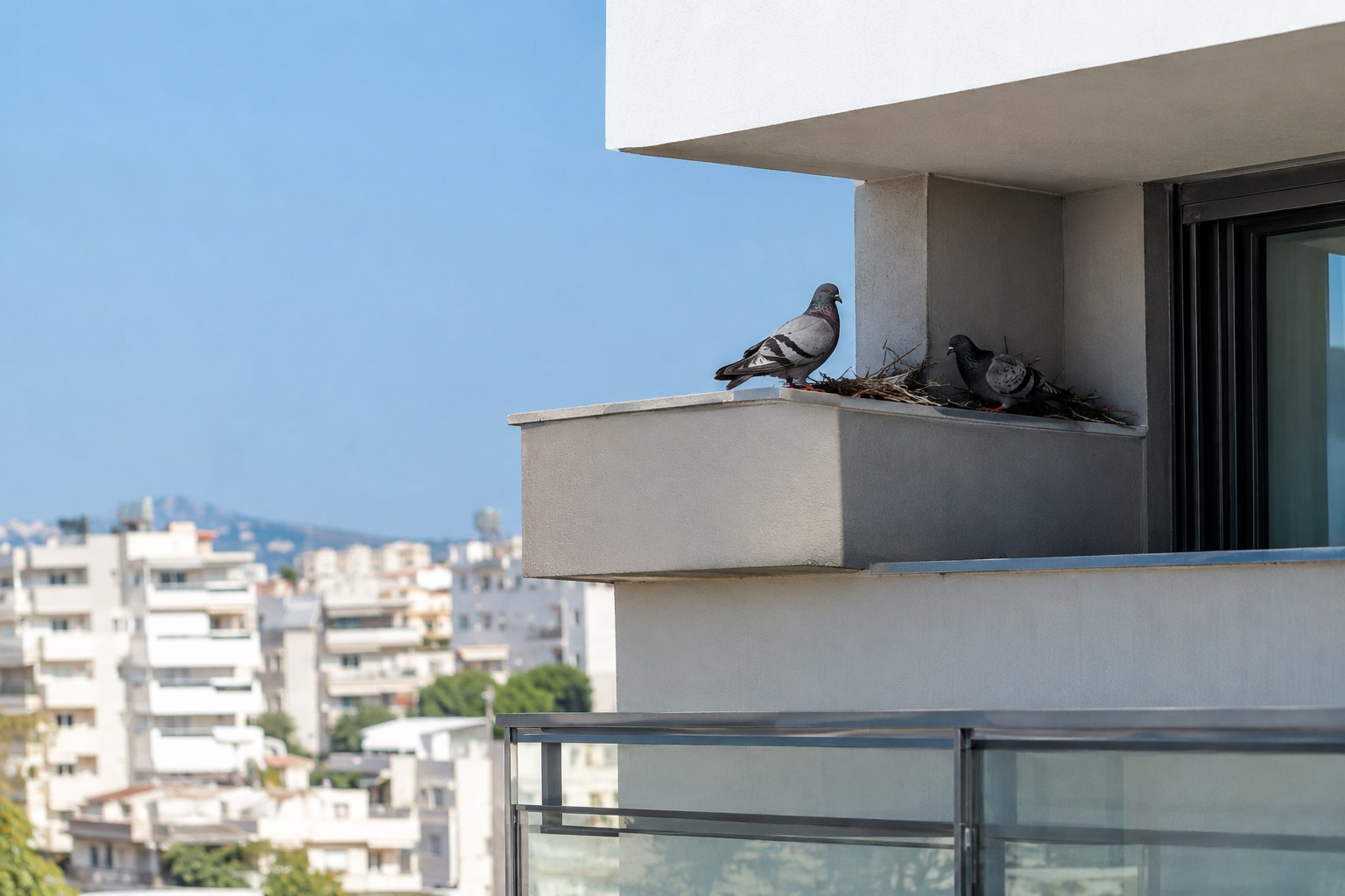 Περιστέρια που αρχίζουν να φωλιάζουν σε προστατευμένο σημείο κτιρίου